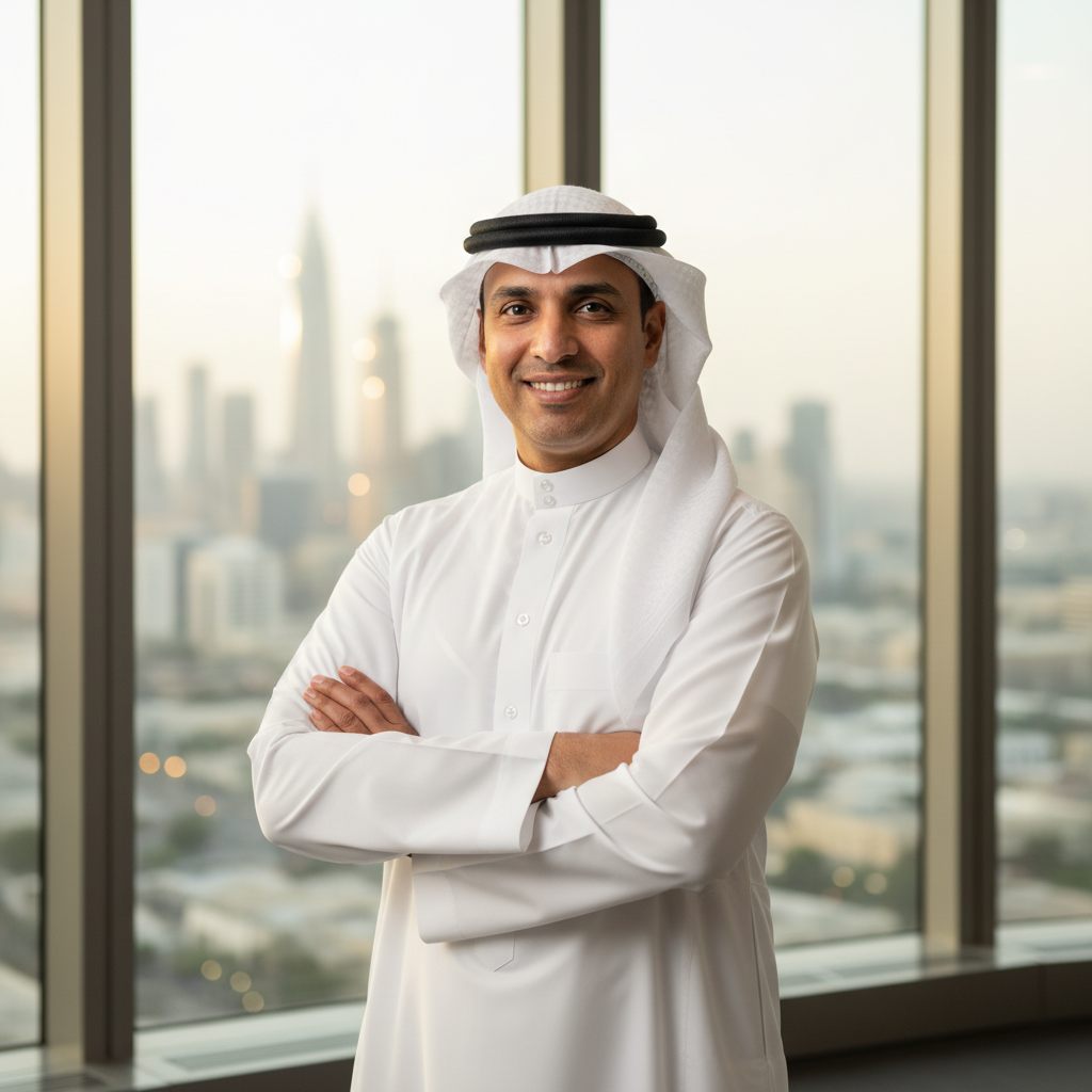 رجل بالزي السعودي يقف مبتسماً أمام أفق المدينة