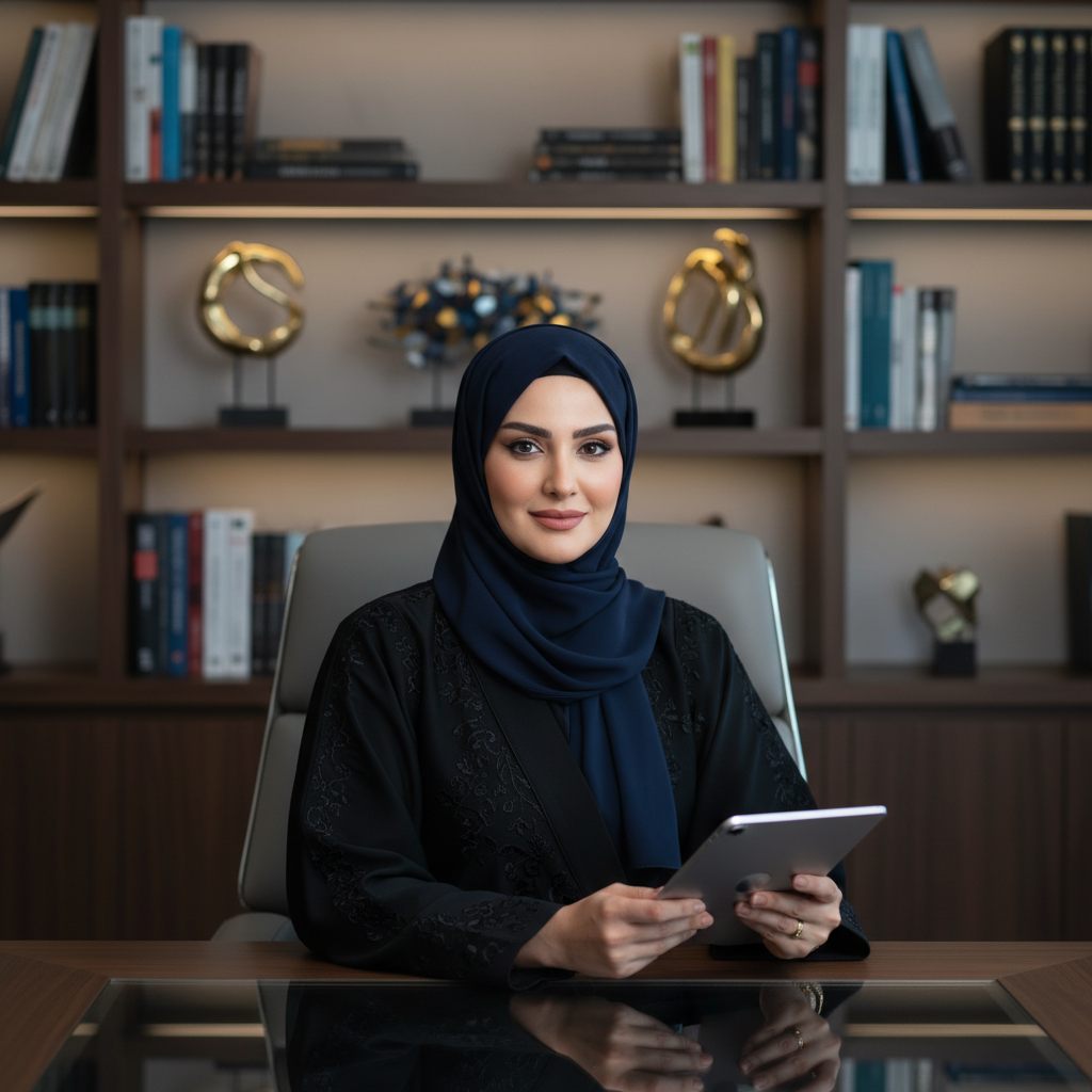 سيدة تحمل جهازاً لوحياً في مكتبها