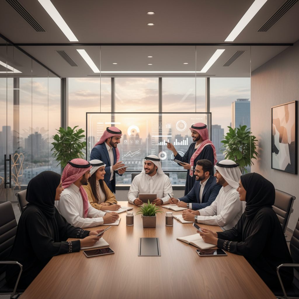 فريق من المتدربين في اجتماع عمل داخل قاعة اجتماعات